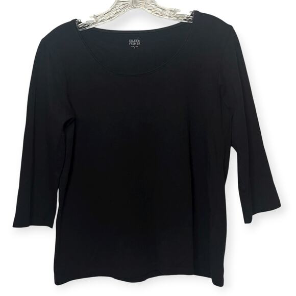 Eileen Fisher Organic Cotton Black Scoop Neck 3/4 Sleeve Top Sz Small Basic - Picture 1 of 6
